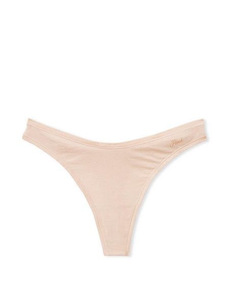 Трусики-стринги женские хлопковые PINK Victoria's Secret Logo Cotton High-Leg Thong бежевые 3pa-9zn-h6k фото