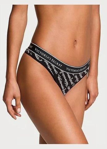 Трусики-стринги женские хлопковые с логотипом Victoria's Secret Logo Cotton Thong Panty черные n10-bkv-m5z фото