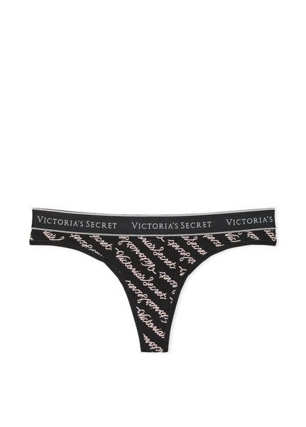 Трусики-стринги женские хлопковые с логотипом Victoria's Secret Logo Cotton Thong Panty черные n10-bkv-m5z фото