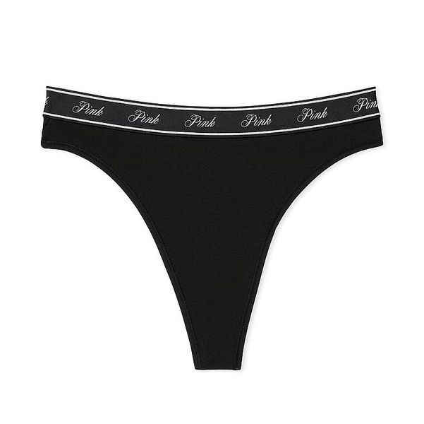 Трусики-стринги с высокой посадкой PINK Victoria's Secret Logo Cotton High-Waist Thong Panty черные y9r-d22-48v фото