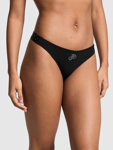 Трусики-стринги женские хлопковые PINK Victoria's Secret Logo Cotton High-Leg Thong черные xih-8mp-ere фото