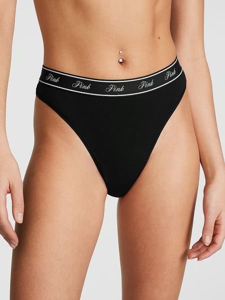 Трусики-стрінги з високою посадкою PINK Victoria's Secret Logo Cotton High-Waist Thong Panty чорні , Трусики-стринги y9r-d22-48v фото