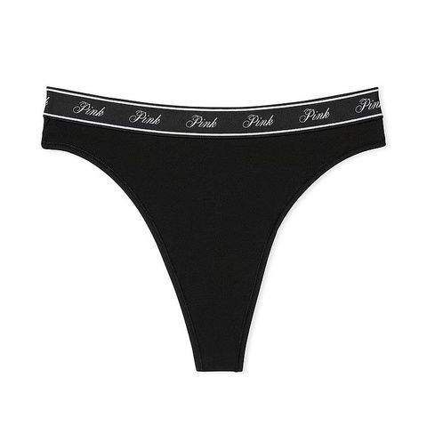 Трусики-стринги с высокой посадкой PINK Victoria's Secret Logo Cotton High-Waist Thong Panty черные, Трусики-стринги y9r-d22-48v фото