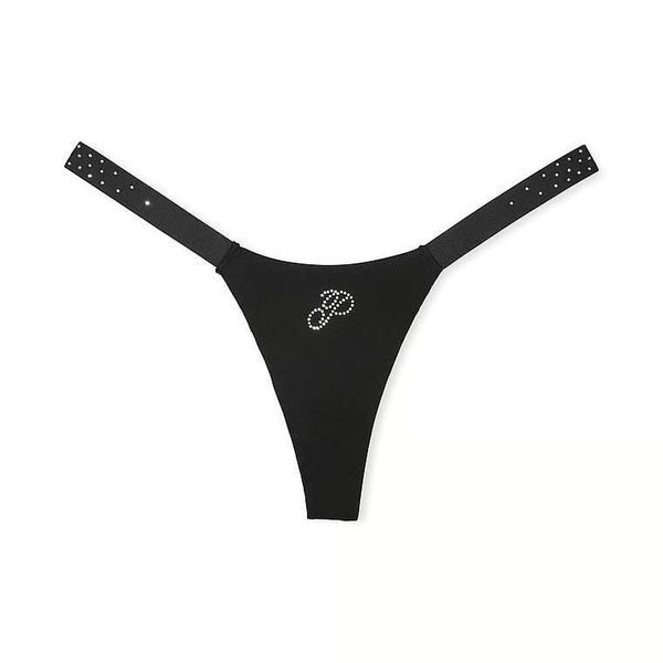 Трусики-стринги женские хлопковые PINK Victoria's Secret Logo Cotton Shine Micro Thong черные pkq-57u-iax фото