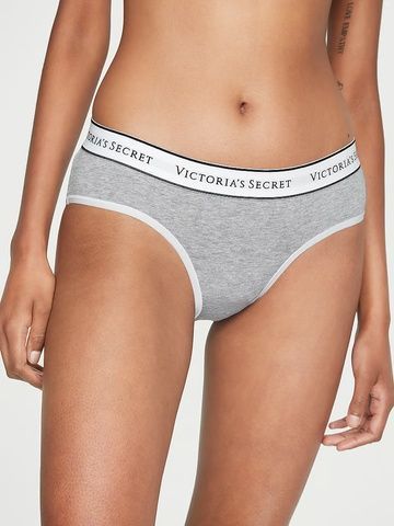 Трусики-хипстер женские Victoria's Secret Logo Cotton Lace-Waist Hiphugger Panty серые S, Трусики-бикини 4hg-box-g7g фото