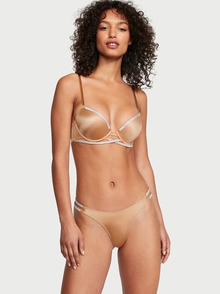 Трусики-стрінги жіночі люксові зі стразами Victoria's Secret Double Shine Strap Smooth Thong Panty бежеві lj2-mo7-u5l фото