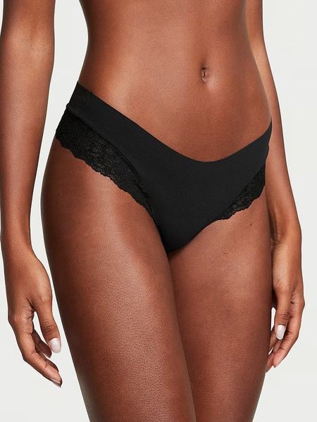 Трусики-стринги женские бесшовные Victoria's Secret PINK No-Show Soft Lace Thong черные yw7-kab-6ok фото