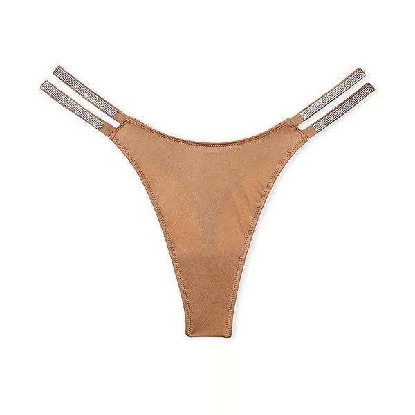 Трусики-стрінги жіночі люксові зі стразами Victoria's Secret Double Shine Strap Smooth Thong Panty бежеві lj2-mo7-u5l фото