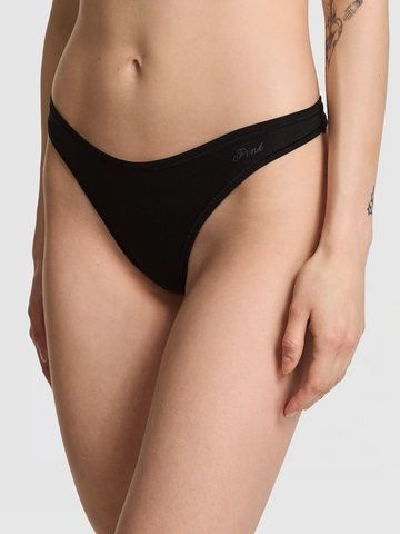 Трусики-стринги женские хлопковые PINK Victoria's Secret Logo Cotton High-Leg Thong черные sdk-top-rqq фото