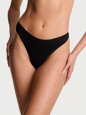 Трусики-стринги женские хлопковые Victoria's Secret Stretch Cotton High-Leg Scoop Thong Pant&nbsp;черные ib6-4qy-evf фото