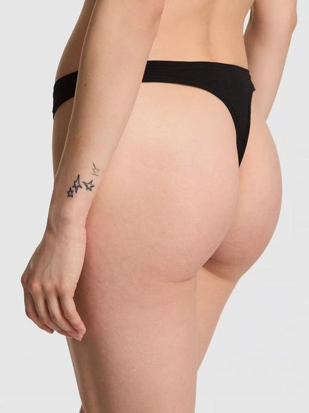 Трусики-стринги женские хлопковые PINK Victoria's Secret Logo Cotton High-Leg Thong черные sdk-top-rqq фото