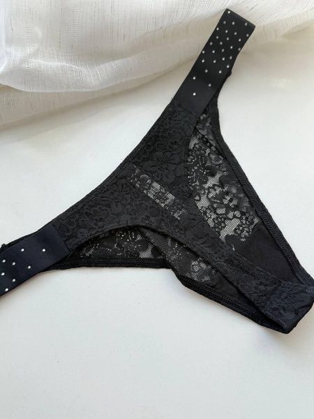 Трусики-стринги женские кружевные PINK Victoria's Secret Logo High-Leg Thong черные sv1-q2i-uin фото