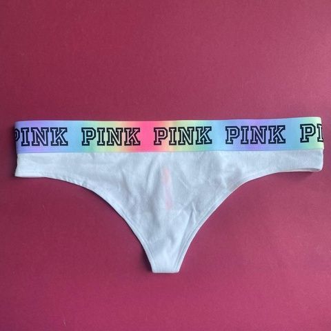 Трусики-стринги женские хлопковые с лого PINK Victoria's Secret Thong Panty белые aza-gyn-bgx фото