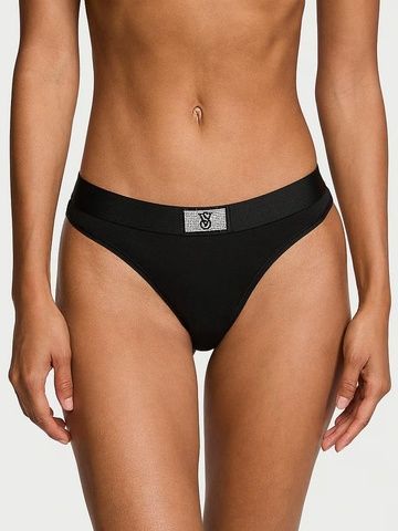 Трусики-стринги женские хлопковые с логотипом Victoria's Secret Logo Cotton Shine Patch Thong Panty черные ka9-80y-og3 фото