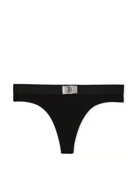 Трусики-стрінги жіночі бавовняні з лого Victoria's Secret Logo Cotton Shine Patch Thong Panty чорні ka9-80y-og3 фото