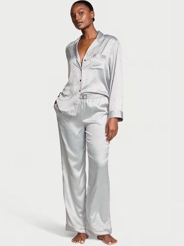 Пижама со звездами голубая (штаны+рубашка) Victoria's Secret Glazed Satin Dew Drop Long Pajama Set 6ub-ukh-tf4 фото