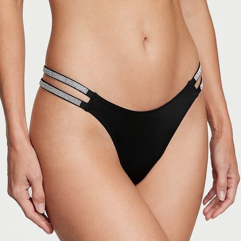 Трусики-стринги женские люксовые со стразами Victoria's Secret Double Shine Strap Smooth Thong Panty черные zok-0p3-xrx фото