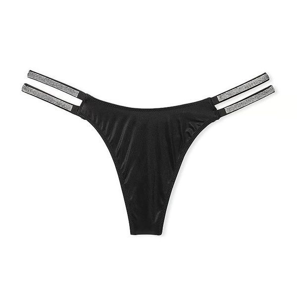 Трусики-стринги женские люксовые со стразами Victoria's Secret Double Shine Strap Smooth Thong Panty черные zok-0p3-xrx фото