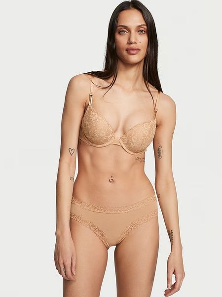 Трусики-чики женские хлопковые с кружевом Victoria's Secret Lace-Waist Cotton Cheeky Panty бежевые ej3-rz6-38f фото