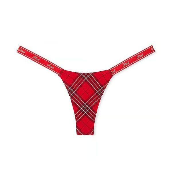 Трусики-стринги женские хлопковые PINK Victoria's Secret Logo Cotton Shine Micro Thong красные tel-x78-uhw фото