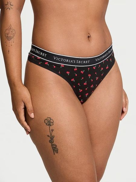 Трусики-стринги женские хлопковые Victoria's Secret Logo Cotton Thong Panty черные s9k-jp1-s5l фото