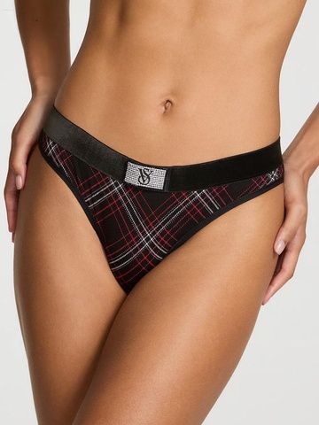 Трусики-стринги женские хлопковые с логотипом Victoria's Secret Logo Cotton Shine Patch Thong Panty черные wby-uo7-2d1 фото