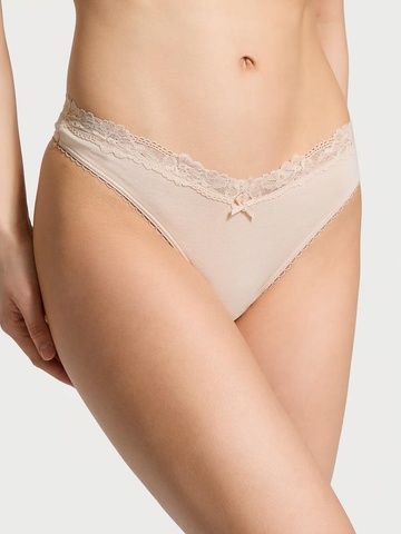 Трусики-стринги хлопковые Victoria's Secret Stretch Cotton High-Leg Scoop Thong Panty бежевые 3gq-wdg-uwa фото