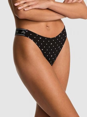 Трусики-стринги женские хлопковые PINK Victoria's Secret Logo Cotton High-Leg Thong черные zfk-jlk-w9j фото