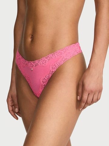 Трусики-стринги хлопковые Victoria's Secret Cotton Lace-Waist Thong Panty розовые  ss2-cq7-qgo фото