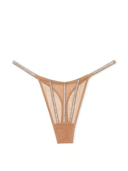 Трусики-стринги женские люксовые со стразами Victoria's Secret Sheer Shine Thong Panty бежевые t6v-cn4-8lx фото