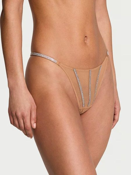 Трусики-стринги женские люксовые со стразами Victoria's Secret Sheer Shine Thong Panty бежевые t6v-cn4-8lx фото