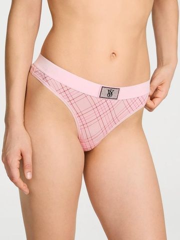 Трусики-стринги женские хлопковые с логотипом Victoria's Secret Logo Cotton Shine Patch Thong Panty розовые 9rm-ogm-end фото
