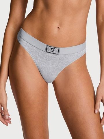 Трусики-стринги женские хлопковые с логотипом Victoria's Secret Logo Cotton Shine Patch Thong Panty серые dxg-efd-7j8 фото