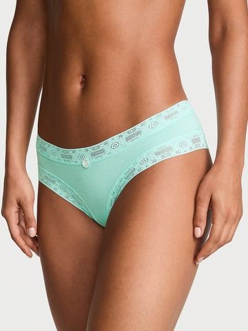 Трусики-чіки жіночі бавовняні Victoria's Secret Lace Trim Cotton Lace-Waist Cheeky Panty бірюзові  1pl-bvd-4tf фото