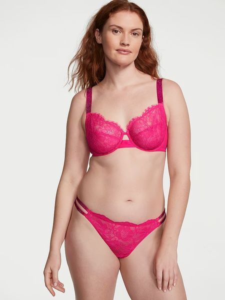 Стринги люксовые кружевные со стразами, розовые Victoria's Secret Double Shine Strap Lace Thong Panty 6gh-lz2-79r фото