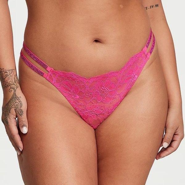 Стринги люксовые кружевные со стразами, розовые Victoria's Secret Double Shine Strap Lace Thong Panty 6gh-lz2-79r фото