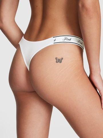 Трусики-стринги женские хлопковые PINK Victoria's Secret Logo Cotton High-Leg Thong белые qk5-awj-pbs фото