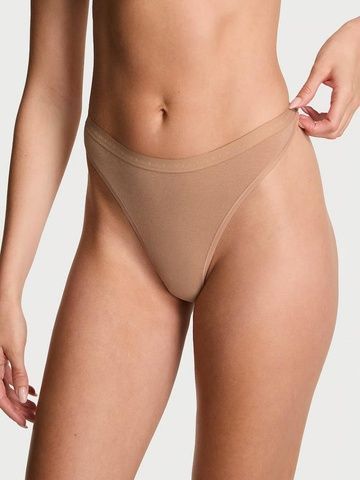 Трусики-стринги женские хлопковые Victoria's Secret Stretch Cotton High-Leg Scoop Thong Panty бежевые y12-lci-3kv фото