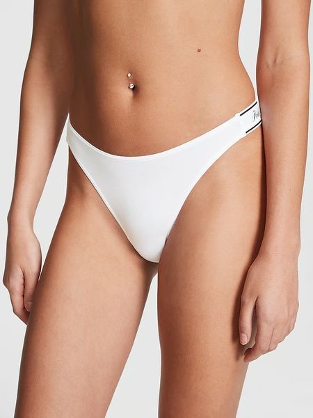 Трусики-стринги женские хлопковые PINK Victoria's Secret Logo Cotton High-Leg Thong белые qk5-awj-pbs фото